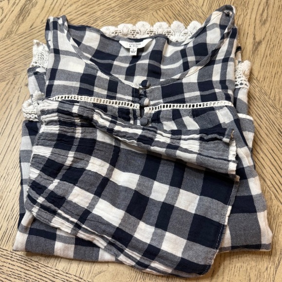 crown & ivy Tops - Crown & Ivy women's Small Blue Plaid Lace Trim Bell Sleeve Peasant Blouse